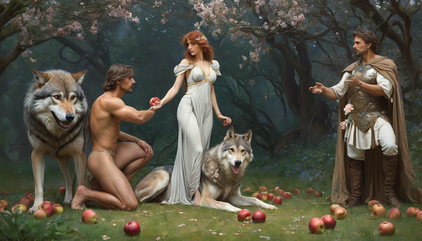 fullbody, painted of full body of four peoples, foot on ground, a standing greek handsome man give an apple to a naked woman with flower, a woman with shield, a woman stand front of a grey wolf, masculine, mature, muscular, hairy torso, fantasy, intricate, elegant, highly detailed, digital painting, artstation, concept art, smooth, sharp focus, illustration, art by gaston bussiere and alphonse mucha, looking each other.