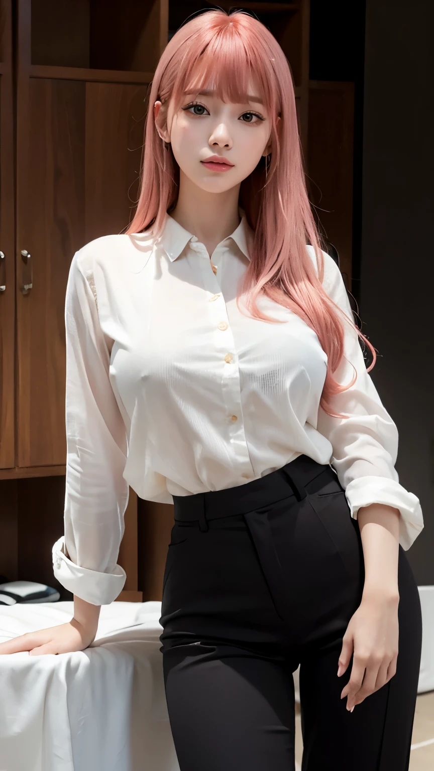 Highest quality、Ultra-high resolution、RAW shooting、Professional Lighting、Detailed Background、coastal、Full Body、Makima、25-year-old female、(High tone cherry pink hair)+(Long Hair)+(bangs)、(Yellow Eyes)、White see-through shirt,(Black trousers:1.5)、Huge breasts that look like they might burst、Modest abdominal muscles、Big Ass、Big thighs、A sloppy smile、Close your mouth、(Sweaty skin)、