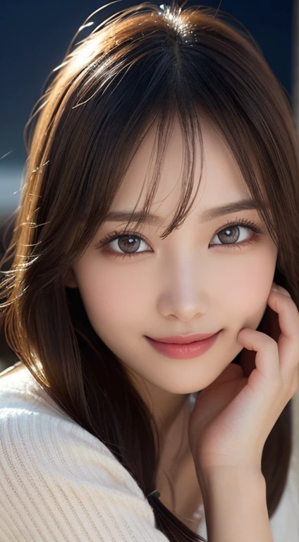 Body portrait, 8K, thin and beautiful eyes, Dindal effect, masterpiece, top quality, high quality, high resolution, very detailed photo, (natural skin texture, fine skin, hyper realism, super sharpness), high detail skin, (very fine, fine skin texture, intricate details, beautiful face, (realistic face), realistic eyes, beautifully detailed eyes, realistic skin, beautiful skin, surreal, very detailed Golden ratio, smiling eyes, ((night moonlight background) )), body portrait, G cup, big breasts, huge breasts, big breasts, glamorous, sexy knit dress,