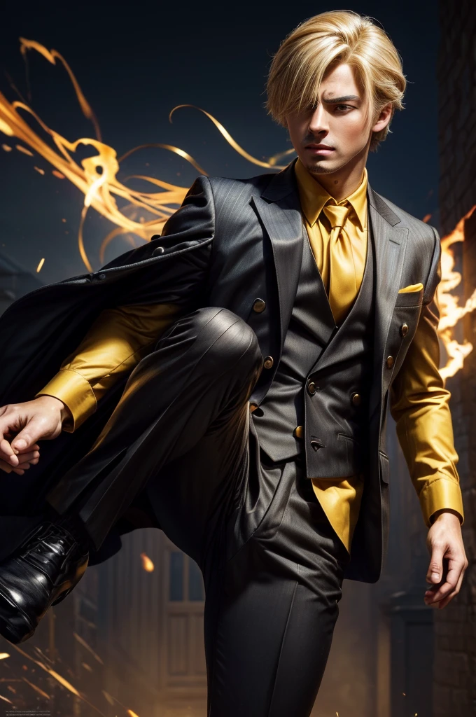 masterpiece, best quality, extremely detailed, hyperrealistic:1.1, photorealistic, a cool 20s man, ultra detailed face:1.1, full body shot, hair over one eye:1.1, blonde hair, round eyebrow:1.1, black suits, yellow shirt, tie, kicking, dynamic posing, dynamic angle, blue fire