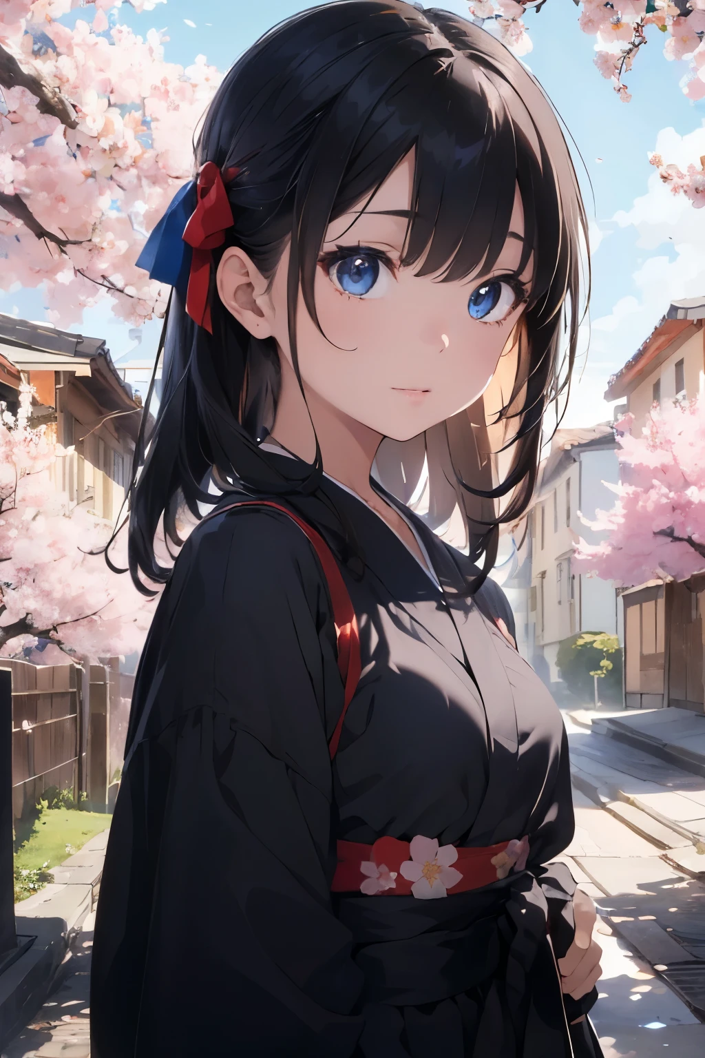 ((Highest quality)), ((masterpiece)), (detailed),((angel)),10 years old, Black Hair,(Childish face),((Straight Hair)), shiny hair, Girl ,Medium Breasts,  ((Blue eyes)), blunt bangs, hair bow, hair ribbon, red ribbon, red yukata, flower, outdoors, cherry blossoms, 1girl, black bow, cate , masterpiece, ultra realistic, extremely detailed CG unity 8k wallpaper, best quality, stunning environment ,vibrant colors