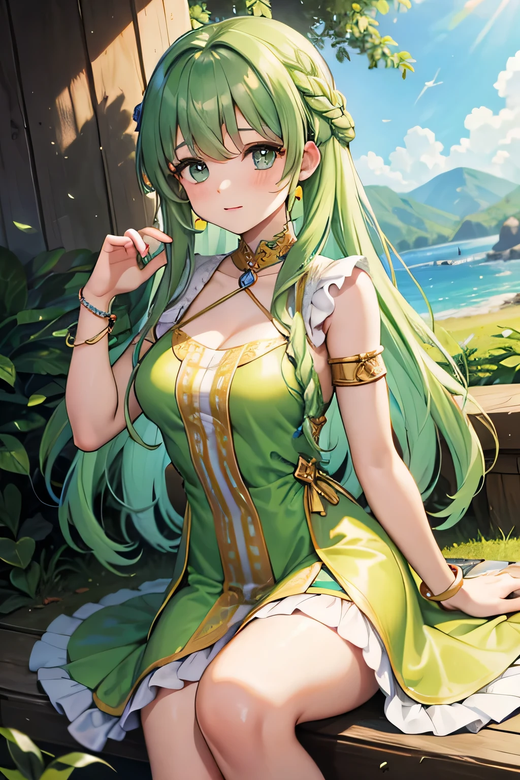 princess of nature, green eyes, braided green hair, yellow dress, bracelet on her left arm, 