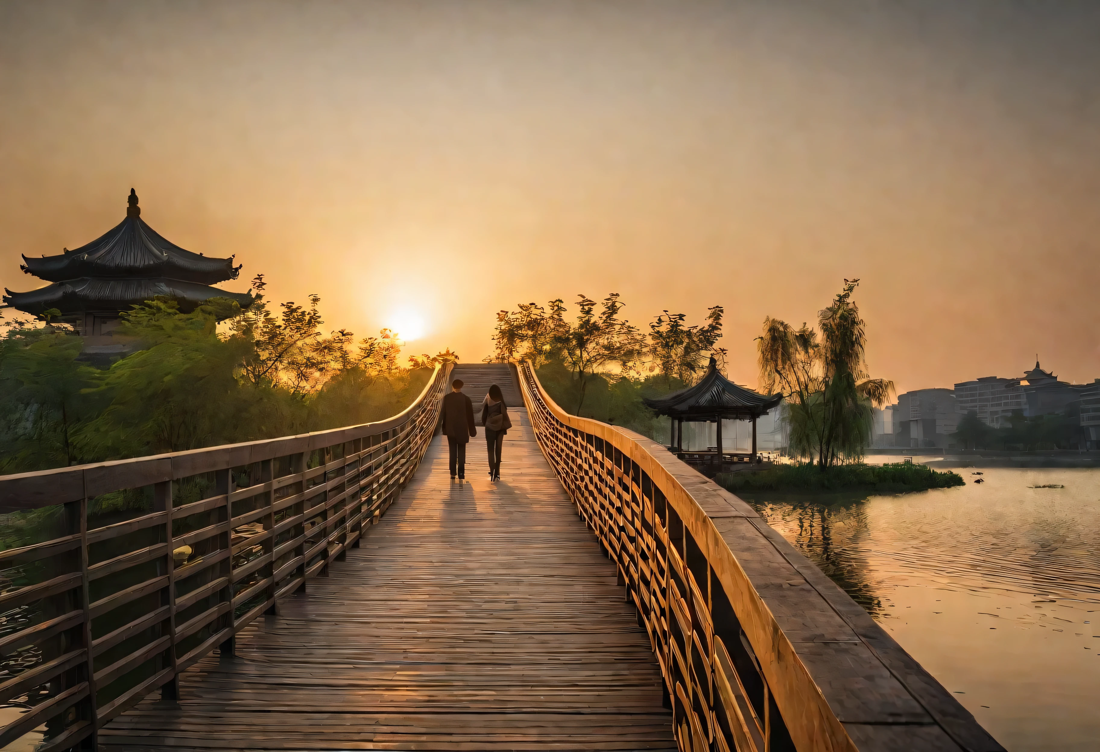 there is a man and woman walking on a bridge over a lake, night, wooden bridge, walking on an old wood bridge, Heading towards the sunset, At sunrise, bridge, Prime hour in the morning, Shooting during the golden hour, Golden hour in Beijing, early morning, Hangzhou, Photos taken with Sony a7r, Sunset, Sunset
