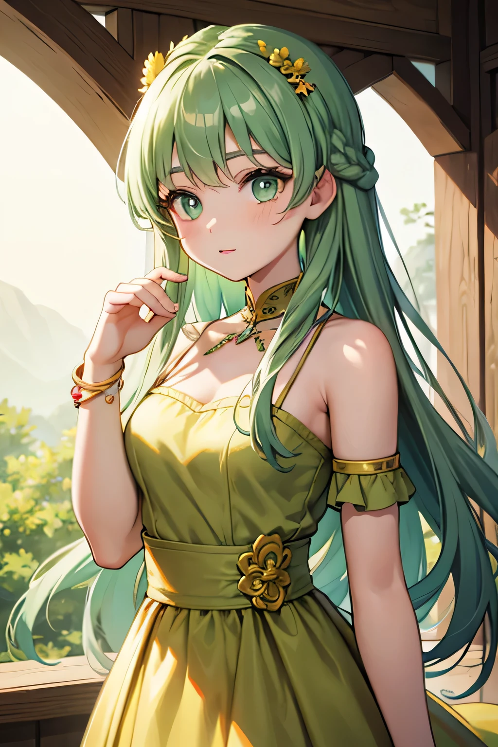 princess of nature, green eyes, braided green hair, yellow dress, bracelet on her left arm, 