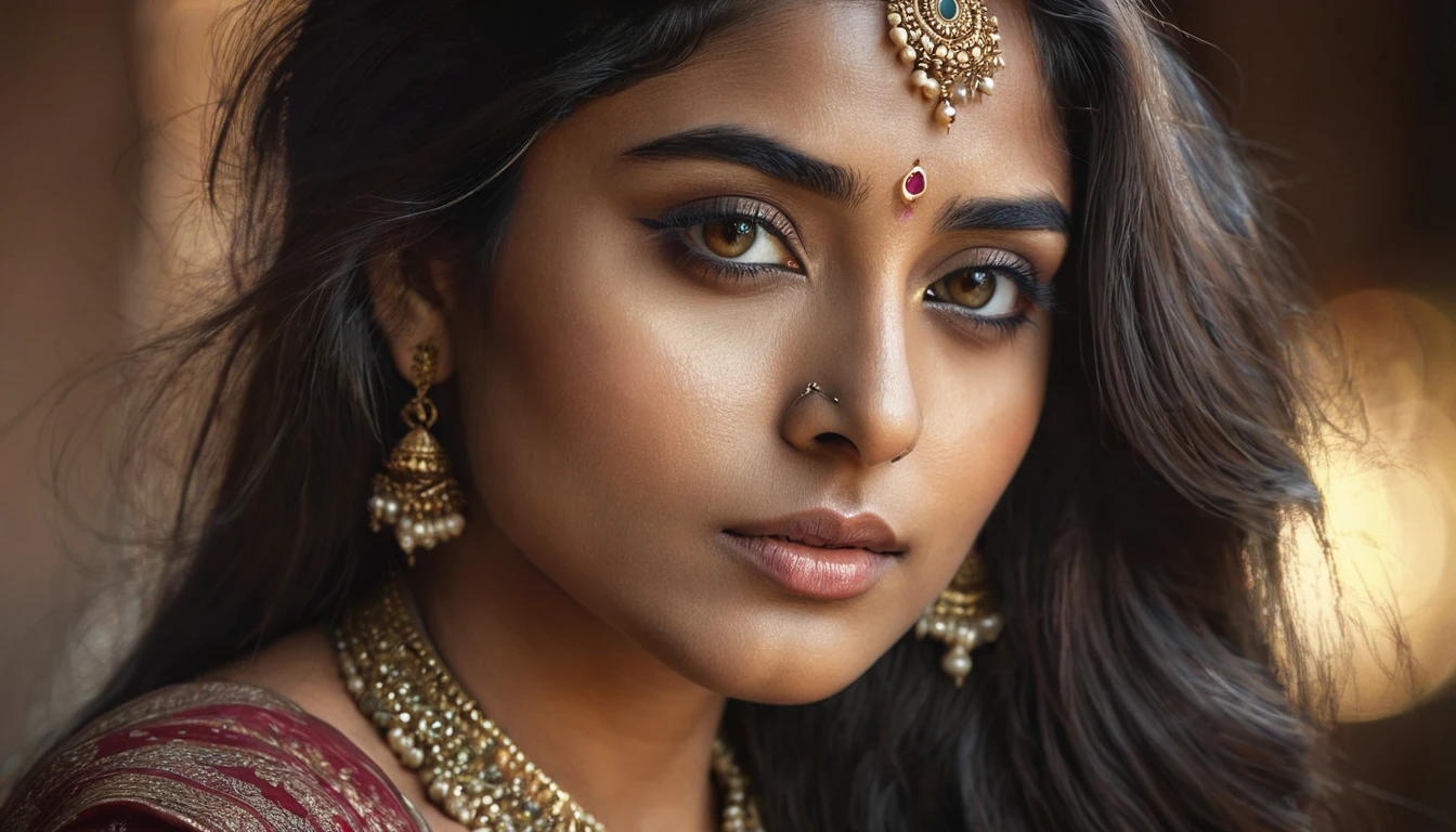 a beautiful mysterious indian woman, western style, intricate detailed face, piercing eyes, long eyelashes, delicate skin, natural beauty, flowing hair, candid elegant pose, dramatic lighting, cinematic mood, muted color palette, chiaroscuro lighting, high quality, photorealistic, 8k, intricate details, professional rendering