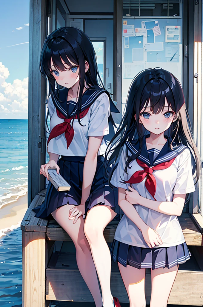 High school girls, cute,Sailor suit,Black Hair,long hair,summer