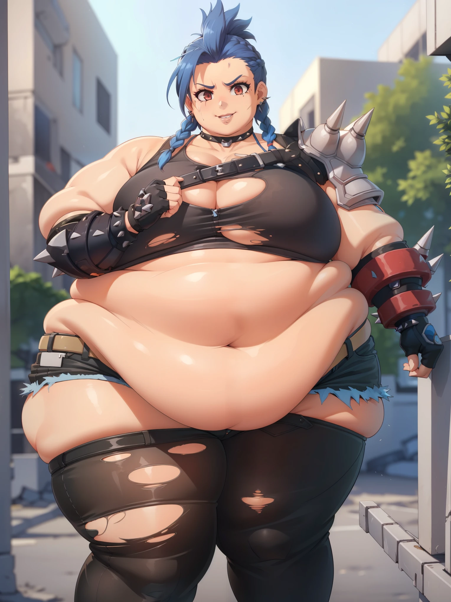 (Morbidly obese:1.1),modern house, Large smile, sinister smile, teeth, evil smile, r, 1girl, solo, breasts, gloves, blue hair, red eyes, torn clothes, spikes, shorts, braid, piercing, fingerless gloves, blu, belt, twin braids,, choker, large breasts, asymmetrical clothes,blurry, jewelry, shoulder armor, ear piercing, earrings, single pauldron, navel, female, looking at viewer, cleavage, short shorts, midriff, cowboy shot, crop top, asymmetrical gloves, lips, day, denim shorts, black gloves, denim, single pantsleg, standing, single fingerless glove, cutoffs, lip piercing, single sleeve, fishnets, pantyhose, spiked choker, pauldrons, single glove, scar, dark skin, bedroom
Round face, double chin, fat chin, fat cheeks, fat neck, round face, SSBBW, flabby arms, round face, double chin, fat double chin, big double chin, fat neck, chubby cheeks, fat thighs, fat calves, morbidly obese, flabby , giant , large belly, obese, fat face, belly, double chin, obesity, flabby breasts, fat arms and legs, fat everything,
