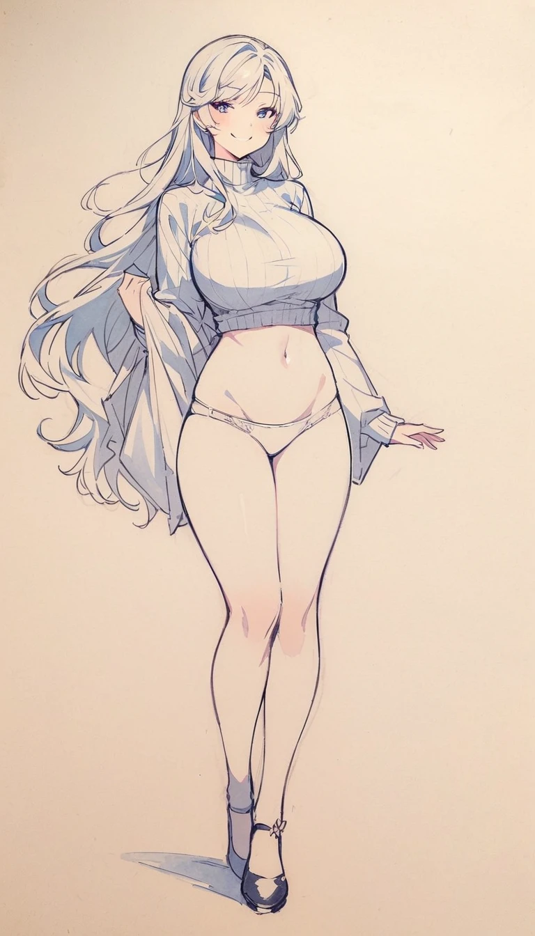 1 ,Line drawing,monochrome,(sketch:1.5、pattern、pencil drawing:1.5、board:1.5),board,traditional media, whole body,look up,Cold Background ,(Wearing underwear) ,Smile,Long hair,Clothing Model,Large Breasts