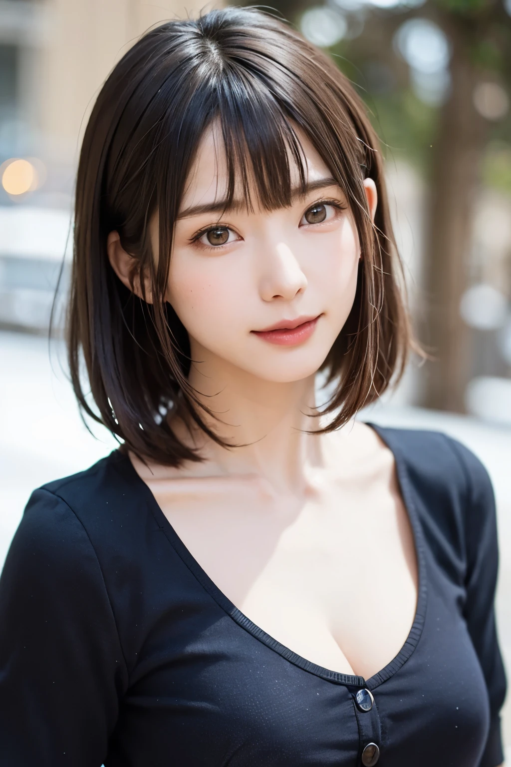 (masterpiece, Highest quality),One Girl, alone, hyper Realistic, Realistic,Realistic, Looking at the audience, Light brown eyes:1.4,Brunette Short Bob Hair with highly detailed shiny hair, Brightly colored winter clothes, Lepangas:1.4), Plein Air, Mouth closed, Upper Body、big chest eye、eyelash、{Hugeな|big chest|Hugeなな|Mega} chest:2, chestの谷間:2、{Huge|big|Hugeな|Mega} chest:2, chestの谷間:2、(((big chest eye、Short Bob Hair、Glossy Skin、Shiny hair、Student Highlights、Gazing at the audience、She is very beautiful and cute、Listen carefully、Long neck、smile、Close your mouth and smile、bangsと美しい歯、bangs、Perfect Anatomy)))、Ideal body type、(Snowy tree-lined road in winter in Norway, Out of focus background)、美しいLong neck:1.4、Very attractive, beautiful and cute woman