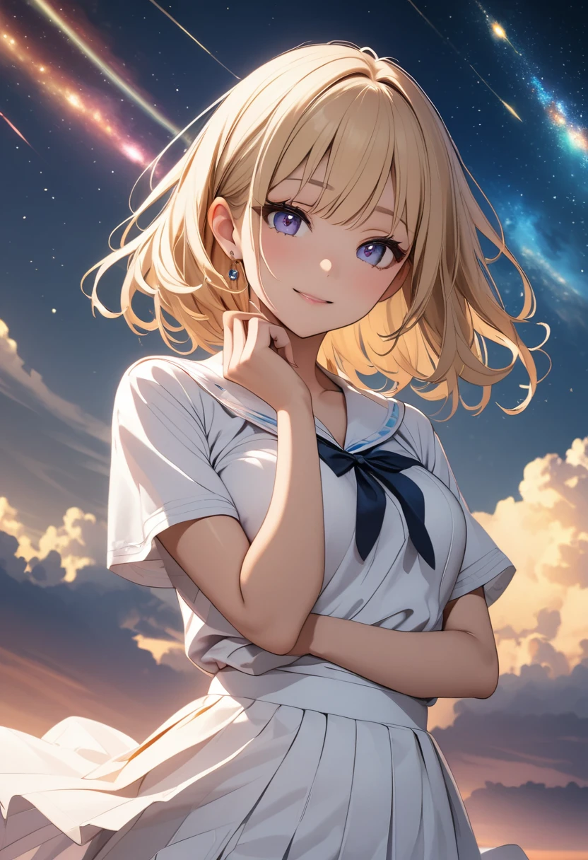 Attention to detail, Super Detail, Ultra-high resolution, A girl having a good time in a dream galaxy, Surrounded by stars, The warm light that shines on her, The background is a starry sky with colorful galaxies and galactic clouds, The stars fly around her, Delicate face, Add a playful touch ,