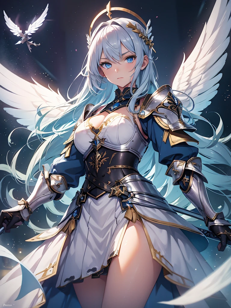 Girl with blue eyes and silver hair wearing plate armor and wielding a longsword with white angelic wings on her back and a golden halo above her head