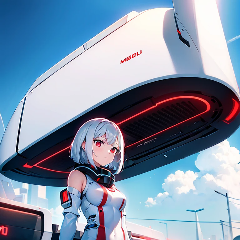 (girl)(white short hair)(red eyes)(whole body)(Driving in the mecha)(gun)4K
