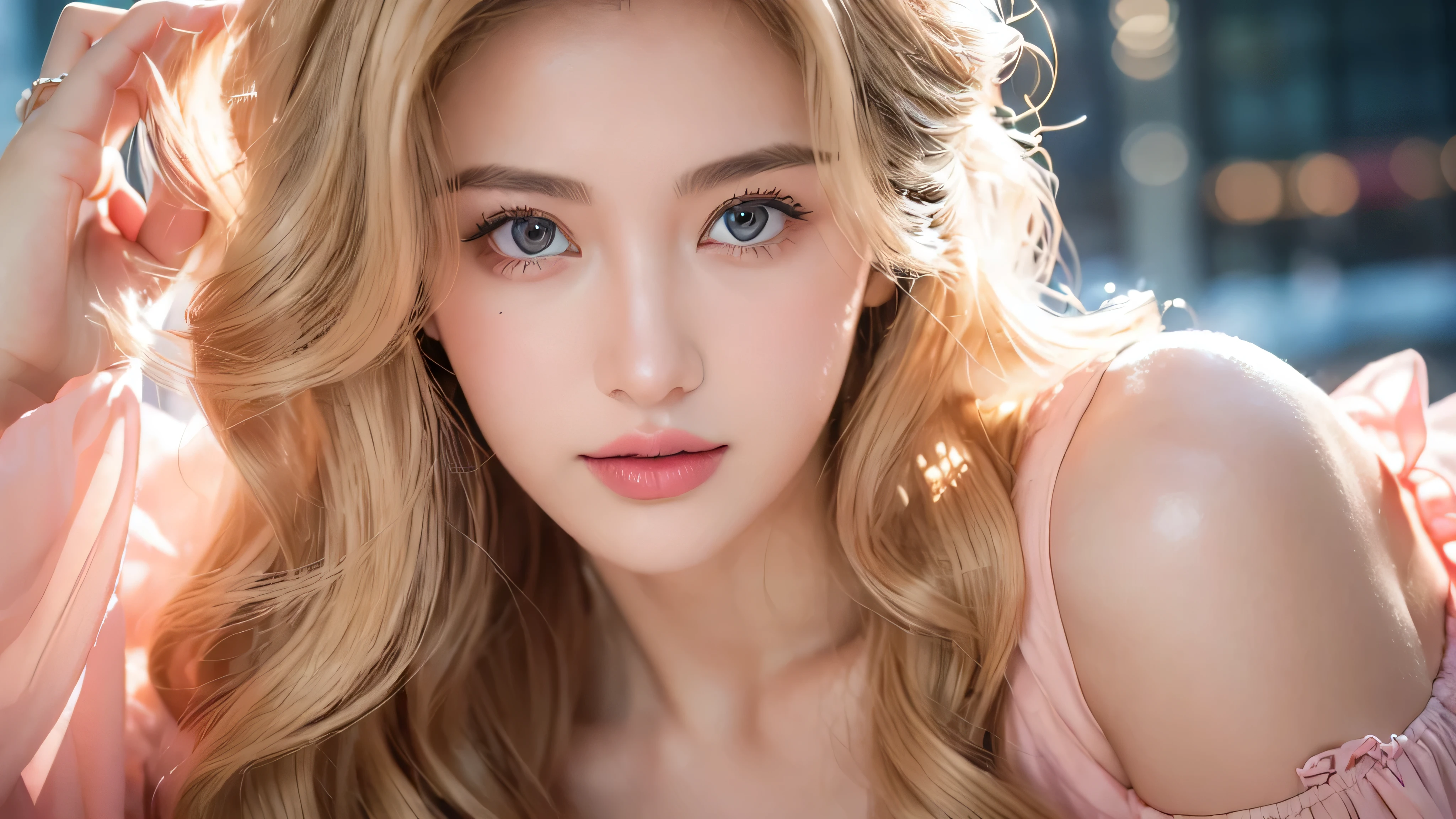 (Close-up of beautiful 26-year-old girl in classic pink dress: 1.2), stock photo film, camera f1. 6, Impressive classic lighting, Modern style, sexy full body photo, Evening, Medium curly hair dyed light blonde