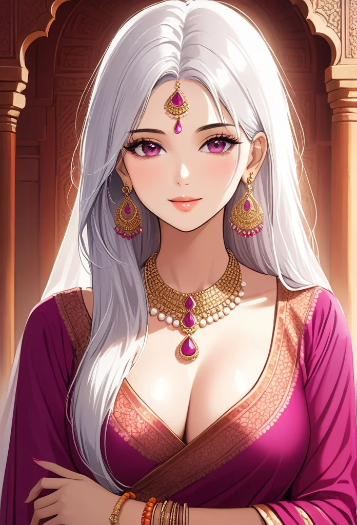 A beautifully detailed portrait of a hot, sexy, and stunning Indian mythical woman, wearing a traditional Indian attire of a chiffon draped elegantly around her body and a blouse, adorned with necklaces, bangles, rings, and exquisite gold and gemstone jewelry including a nath, traditional temple Jhumka earrings, henna, and a hair gajra. Her makeup is flawless, with magenta eyes, realistic white hair, a perfect, seductive face with a warm smile, a smooth, white skin, and a medium bust. The background is a bed, adding to the sensual and realistic nature of the artwork.