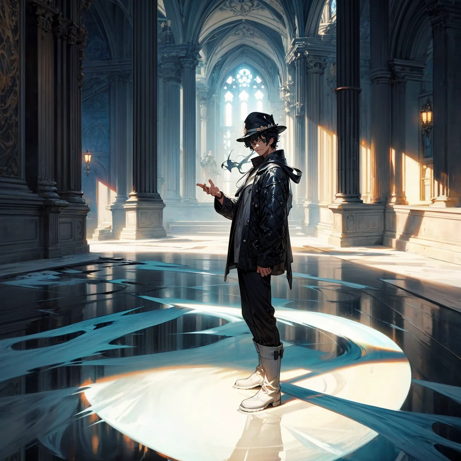 Solo character, full body version, aged man, black eyes, hat, black hair, Curly hairstyle, sunglasses, casual clothing, white boots, detailed shadow, (one piece style art), indoor room ice, cathedral, ice floor, Nitrogen smoke, glow ice effect, standing gesture, hand ice, ice magic