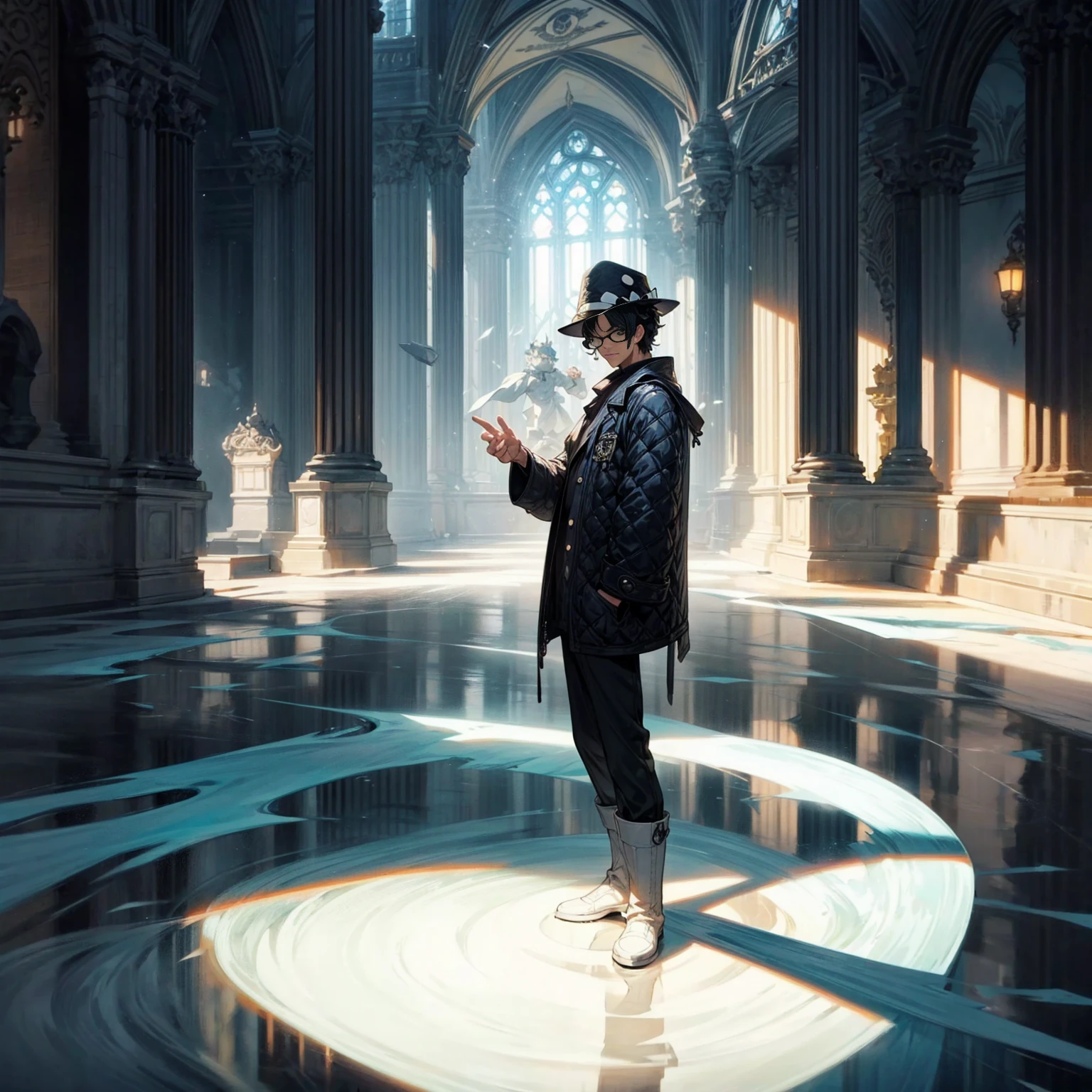 Solo character, full body version, aged man, black eyes, hat, black hair, Curly hairstyle, sunglasses, casual clothing, white boots, detailed shadow, (one piece style art), indoor room ice, cathedral, ice floor, Nitrogen smoke, glow ice effect, standing gesture, hand ice, ice magic