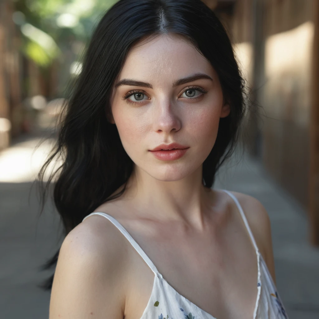 beautiful girl with realistic black eyes, pale skin, mid-length black hair, cum on perfect face, perfect eyes, wearing sheet sundress, highly detailed, comprehensive cinematic, digital painting, 8k, cinematic lighting, best quality, highres, detailed work, post-processing, perfect result, hyper realistic