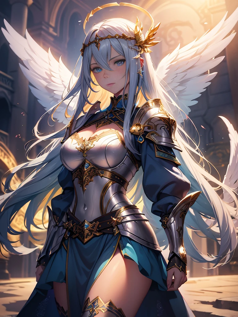 A beautiful girl with piercing blue eyes and long flowing silver hair, wearing ornate plate armor, wielding a large longsword, with angelic white wings spreading from her back and a shimmering golden halo above her head, (best quality,8k,highres,masterpiece:1.2),ultra-detailed,(realistic,photorealistic,photo-realistic:1.37),intricate details,dramatic lighting,cinematic,fantasy art,digital painting,vibrant colors,glowing halo,powerful,heroic