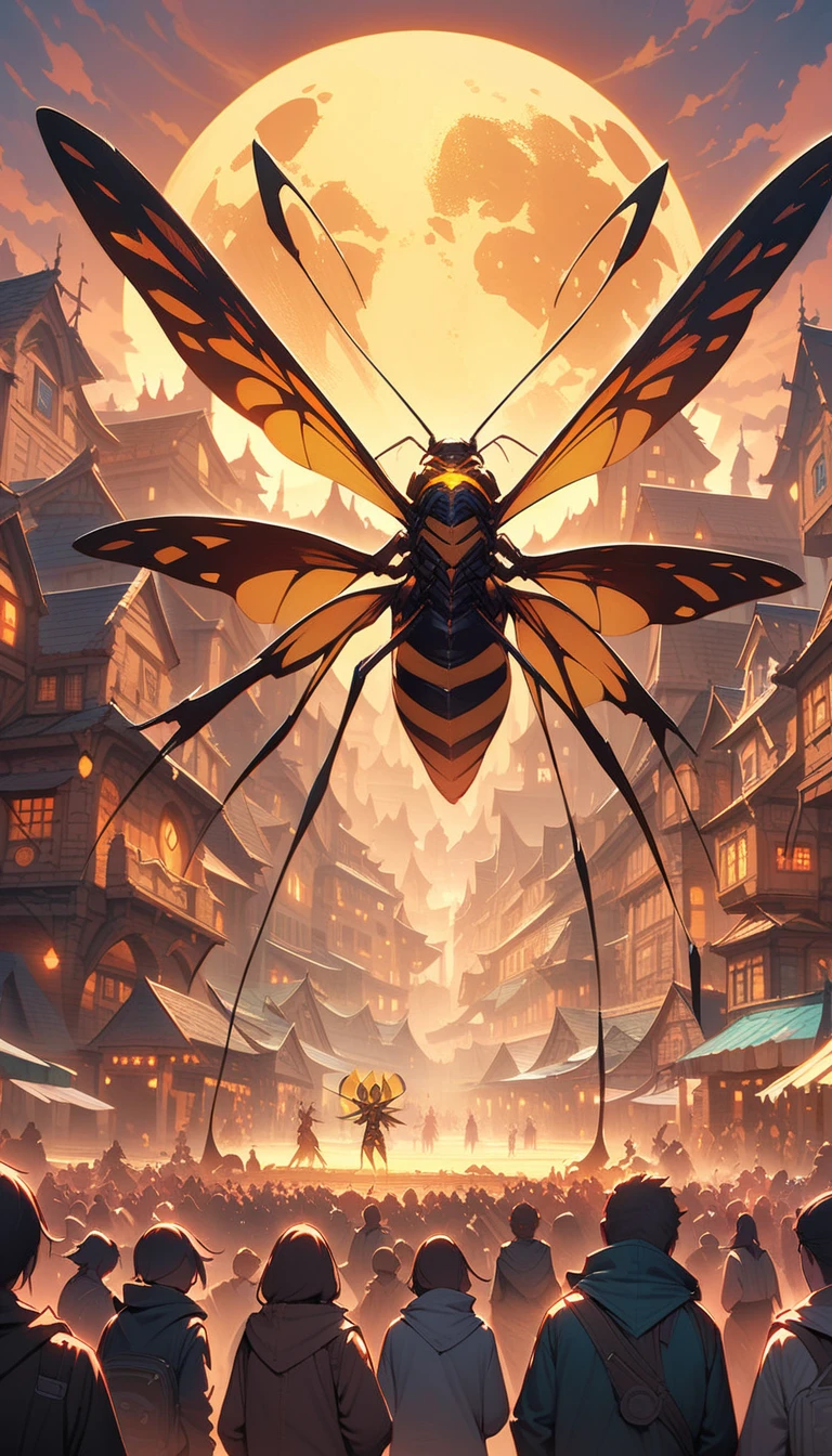 ((best quality)) , ((masterpiece)) , (detailentasy illustration of an enormous wasp with glowing eyes, surrounded cheering people in the style of magic The gathering card art. In front is a large yellow moon over a fantasy town background. Vibrant colors are used.