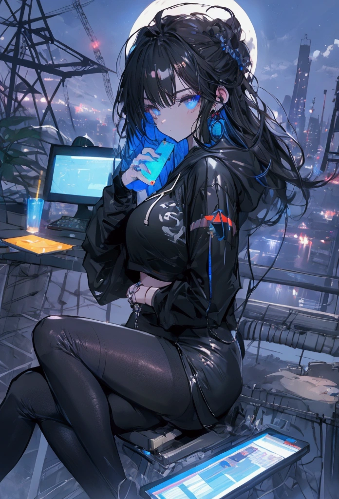 Beautiful Face、Beautiful legs、Black Hair、full moon,neon.hoodie,Sitting、IT Engineer、Building district、Landscape、rooftop、Using a laptop on your lap