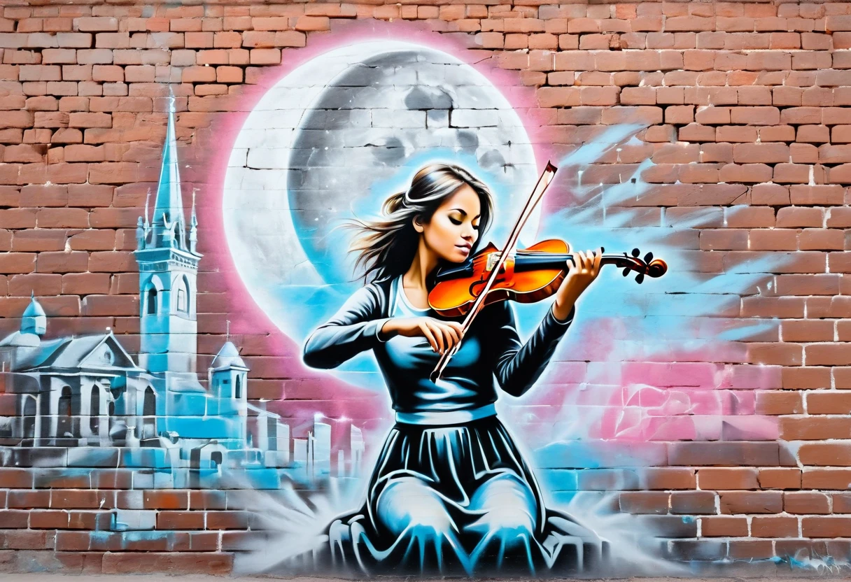 graffiti, pastel, graffiti on brick wall, spray paint on wall, colorful graffiti, street art, spray paint, street canvas, graffiti artist, graffiti art, praying girl, city in ruins, (((double exposure: 1.5))), girl playing violin, full moon, surreal, fractal,