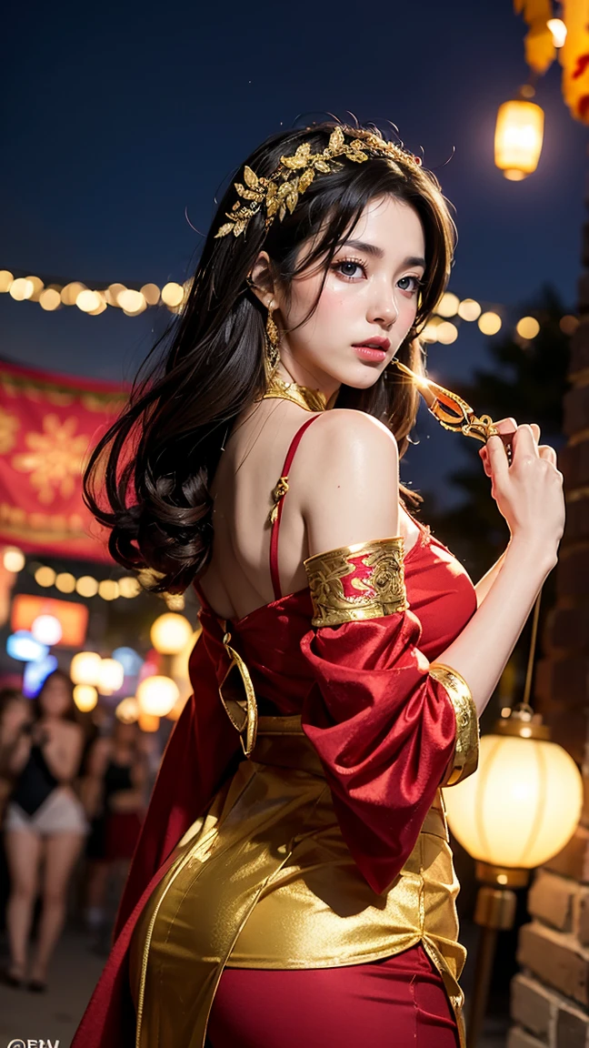 "Show Gwen in her Lunar New Year skin from League of Legends by Riot Games, no having clothes,adorned in a festive, red and gold outfit with intricate designs and her ornate scissors, have massive k-cups, in a bustling, colorful festival with lanterns and fireworks lighting up the night sky."