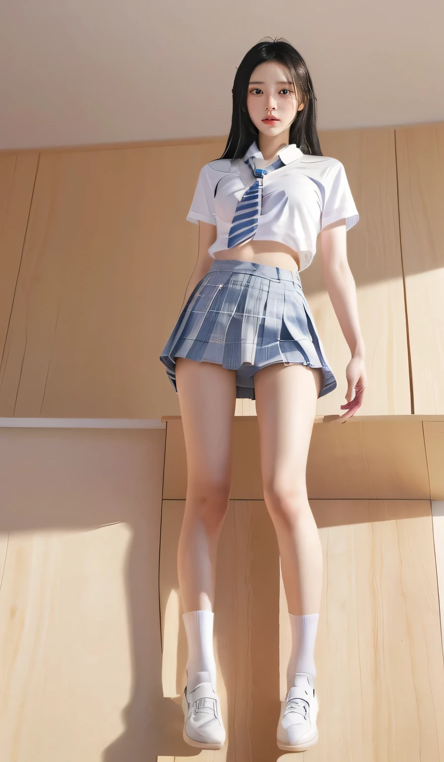 ((masterpiece)),(((最high quality))),(((((Full body shot of a girl taken from the floor:1.7))))),((Photograph the whole body from knee height:1.6)),((((((Stand up straight with your legs together:1.9)))))),((Thin thighs)),((Long legs)),(((Girl standing in a school classroom:1.8))),(((There are rows of desks in the classroom:1.5))),(((Micro Mini Skirt Uniform:1.6))),((tall:1.8)),((Japanese high school students wearing summer uniforms:1.8)),((Wearing a red tie:1.5)),Wearing a short-sleeved white shirt,Her erect nipples are clearly visible under her clothes..,(Blue checked micro mini skirt:1.2),(Age is :1.3),bangs,A small smile,((cute girl)),Slender girl,((Black Loafers:1.2)),((short white socks up to the ankles,:1.2)),cute,The thigh area below the groin is slim and firm,cute,Black hair ponytail,Thin legs,Slim Model body type,Very small waist,Small hips,Long thighs,Thin thighs,Thin hands,Long hands,((((Photograph the whole body from below:1.5)))),(((((k-popのIVEのWONYOUNGにそっくりの女の子:1.9))))),((Keep your whole body facing straight ahead:1.8)),((tall:1.4)),(Stand with your legs straight and without bending your knees:1.7),((Stand up straight:1.7)),((turn your hips forward:1.7)),The ankles are super thin,beauty,Fine skin,Firm Skin,Realistically reproduced skin detail of thin legs,Very detailed, Attention to detail,high quality,Awards,High resolution,(Anatomically correct:1.3),(8k,RAW Photos,最high quality,masterpiece:1.5),(((女の子をPhotograph the whole body from below:1.5))),Height 173cm,((Stand up straight with your feet together:1.7)),((Stand up straight with your feet together:1.7)),(((Keep your back straight:1.8))),((look forward to:1.2)),8 head beauty,Model body type,((Inseam is half the height:1.3)),(Thin thighs),((k-popのIVEのWONYOUNGにそっくりの女の子:1.5)),RAW Photos,Firm Skin,Fine skin,Well-toned muscular legs,Attention to detail,vivid,Skin Texture,Genuine skin feel,Perfect composition,beautiful,Very detailed,High chroma,Genuine,eyeliner,eye shadow,High nose,Small nostrils,Small Mouth,Seductive lips