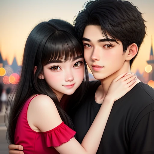 Couple hug scene at disneyland
20-year-old boy and 18-year-old girl, Detailed face, Detailed eyes, double eyelid,, Handsome-cool-warm-boy with black hair and hot-seductive-sexy-cute-beautiful-girl with black hair and blushing face. Intimate vibes.