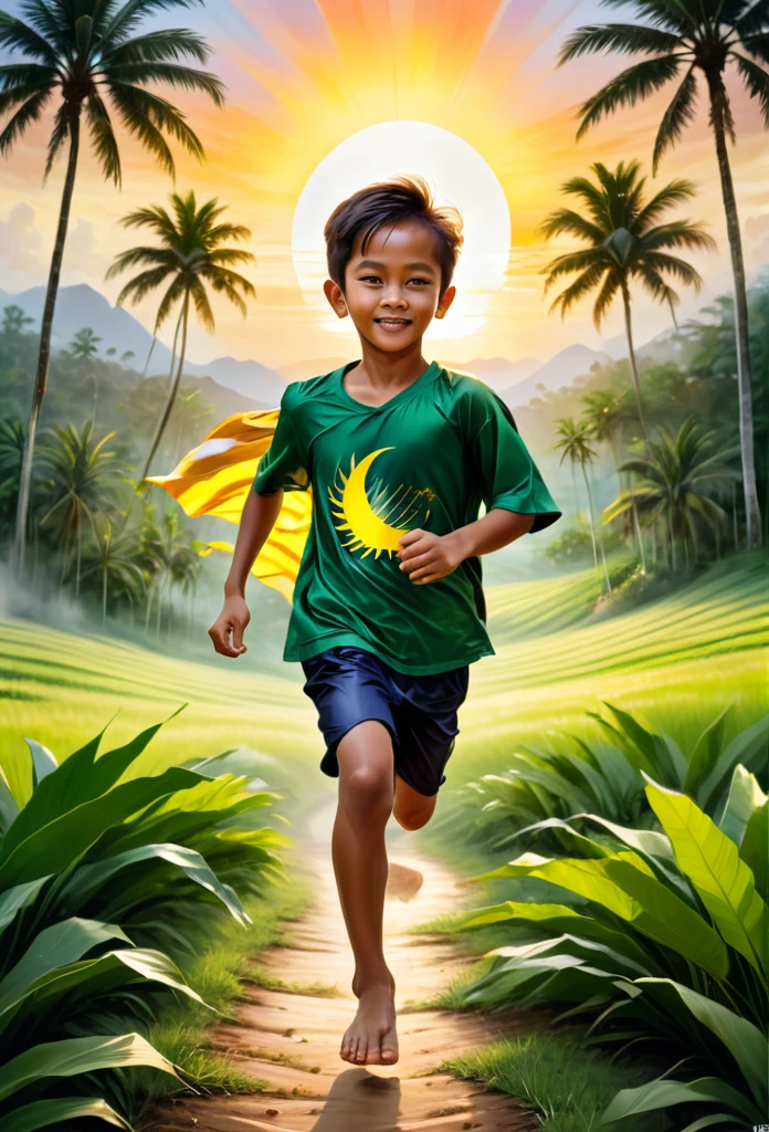 A young boy runs through a lush, green field, draped in the Malaysian flag. The sun sets behind him, casting a warm, golden light over the landscape. Palm trees line the background, creating a serene and picturesque scene. The boy's bare feet touch the ground lightly as he strides forward, symbolizing freedom, patriotism, and a deep connection to his homeland. The image evokes a sense of national pride and the beauty of the Malaysian countryside.
