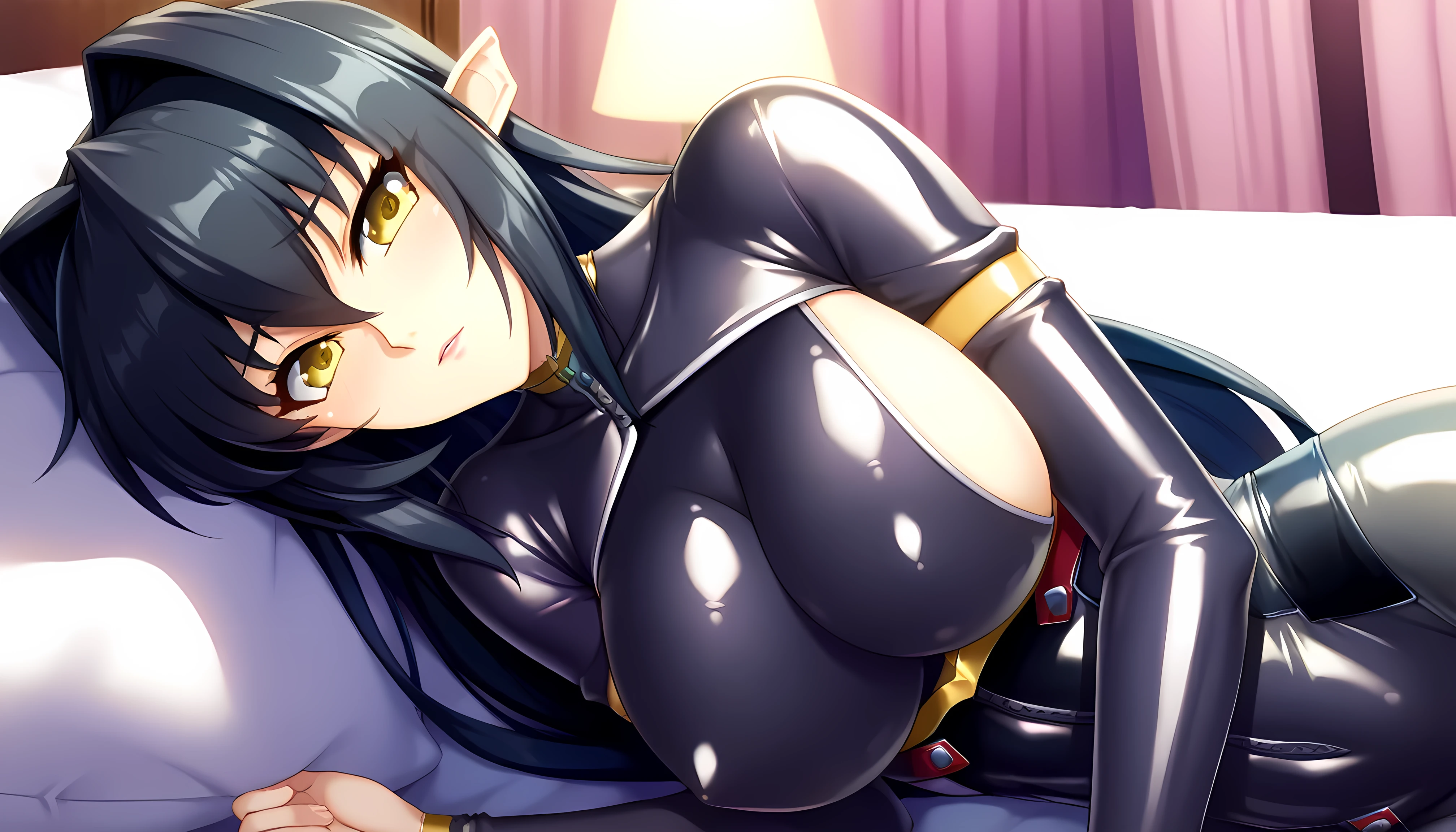 perfecteyes, score_9, Annerose, pointy ears, 1girl, black hair, long hair, hair intake, yellow eyes, black bodysuit, latex, skin tight, half body shot, looking at viewer, elegant and cute shy, front view, sideboobs, laying on the bed, bedroom, lying on their side in bed