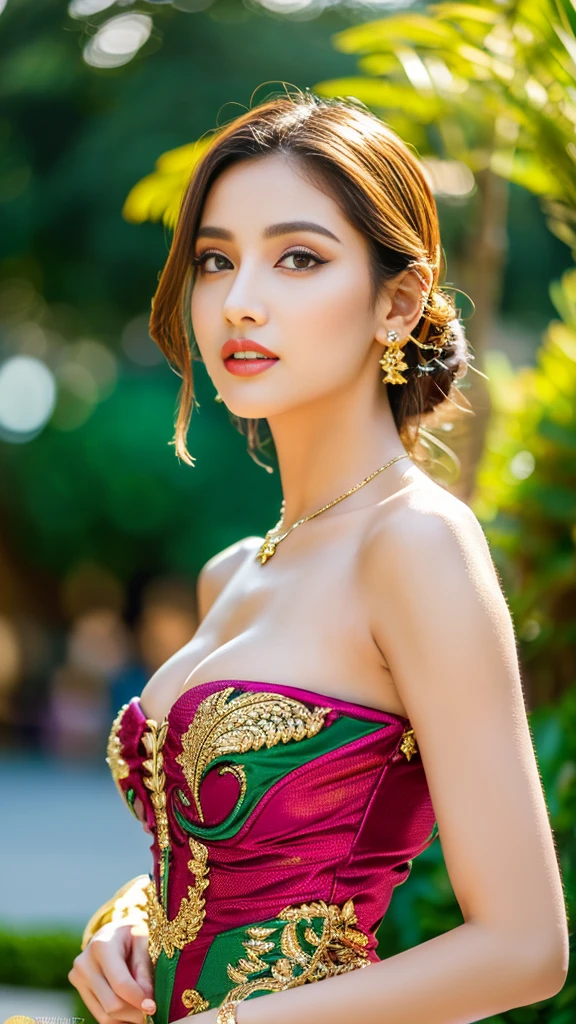 (masterpiece),(best quality:1.0), (Ultra-high resolution:1.0), detailed illustration, 8K, 1 Girl, beautiful girl, Wearing a sari, Wearing a pink saree, Beautiful posture, Pretty Face, detailed face, beautiful eyes, Crimson eyes, detailed eyes, Red lips, Red lipstick, Slightly brown hair, There is a pink flower on the ear, Hair highlights, permanent, Red flowers on a tree behind, Clear sky,cloudy, detailed, complex, highly detailed