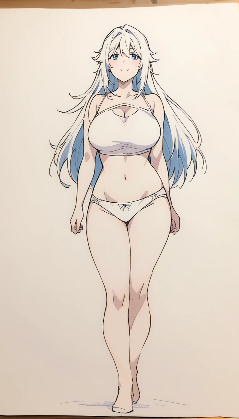 1 ,Line drawing,monochrome,(sketch:1.5、pattern、pencil drawing:1.5、board:1.5),board,traditional media, whole body,look up,Cold Background ,(Wearing underwear) ,Smile,Long hair,Clothing Model,Large Breasts