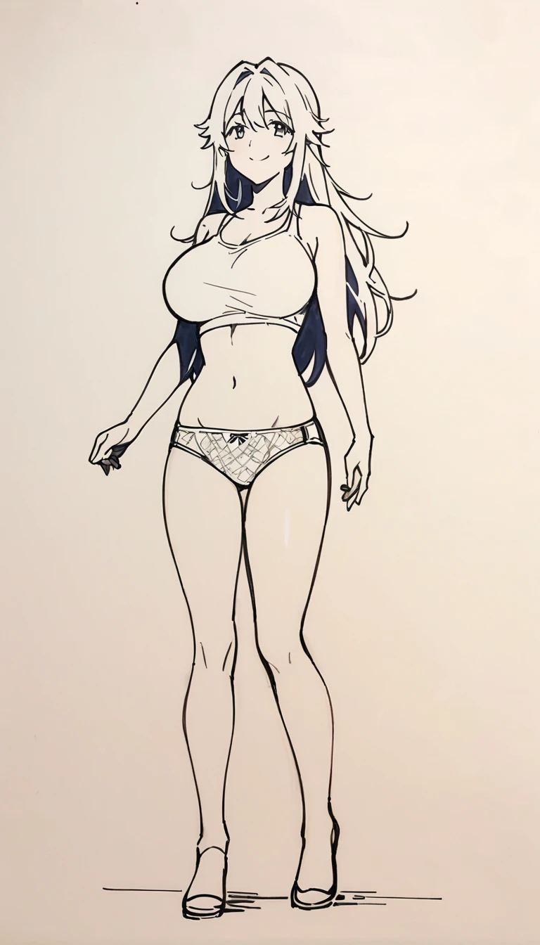 Full body sketch line of fat woman, anime style, cleat sketch line, standing, big breast, fat hips, no face, very slim waist, cellulite on the legs, completely naked, bikini, fantasy, genshin impact clothing style, very tall, corsetrobot with a tutu skirt made of metallic plates. Her arms are slender and end in tools like a screwdriver and a wrench