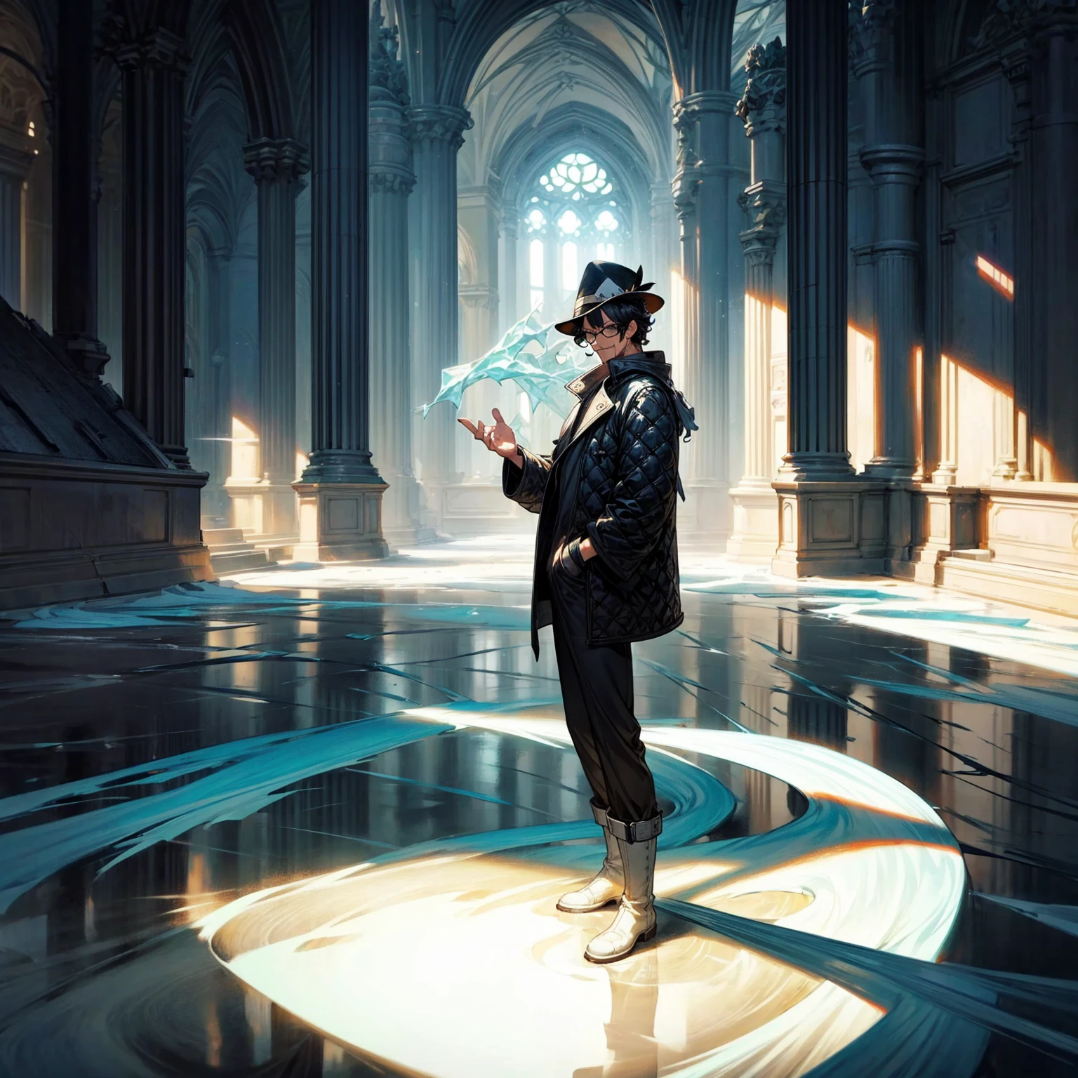 Solo character, full body version, aged man, black eyes, hat, hair, Curly hairstyle, sunglasses, casual clothing, white boots, detailed shadow, (one piece style art), indoor room ice, cathedral, ice floor, Nitrogen smoke, glow ice effect, standing gesture, hand ice, ice magic