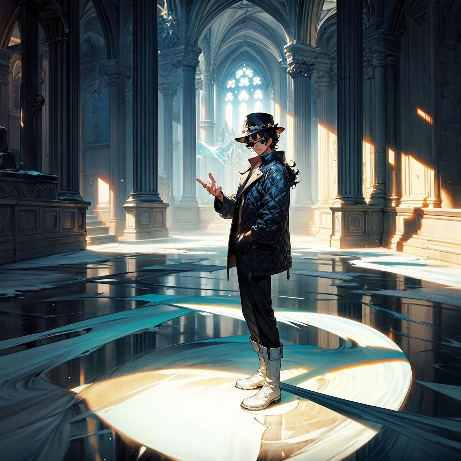Solo character, full body version, aged man, black eyes, hat, hair, Curly hairstyle, sunglasses, casual clothing, white boots, detailed shadow, (one piece style art), indoor room ice, cathedral, ice floor, Nitrogen smoke, glow ice effect, standing gesture, hand ice, ice magic