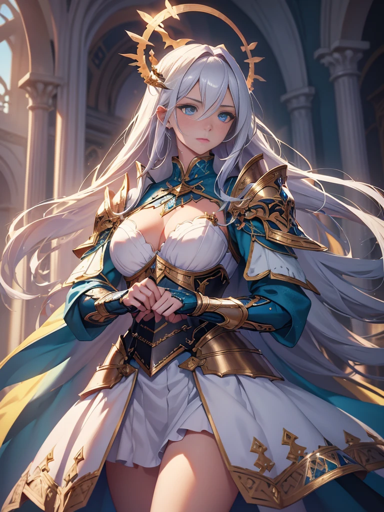 A beautiful girl with piercing blue eyes and long flowing silver hair, wearing ornate plate armor, wielding a large longsword, with large angelic white wings spreading from her back and a shimmering golden halo above her head, (best quality,8k,highres,masterpiece:1.2),ultra-detailed,(realistic,photorealistic,photo-realistic:1.37),intricate details,dramatic lighting,cinematic,fantasy art,digital painting,vibrant colors,glowing halo,powerful,heroic