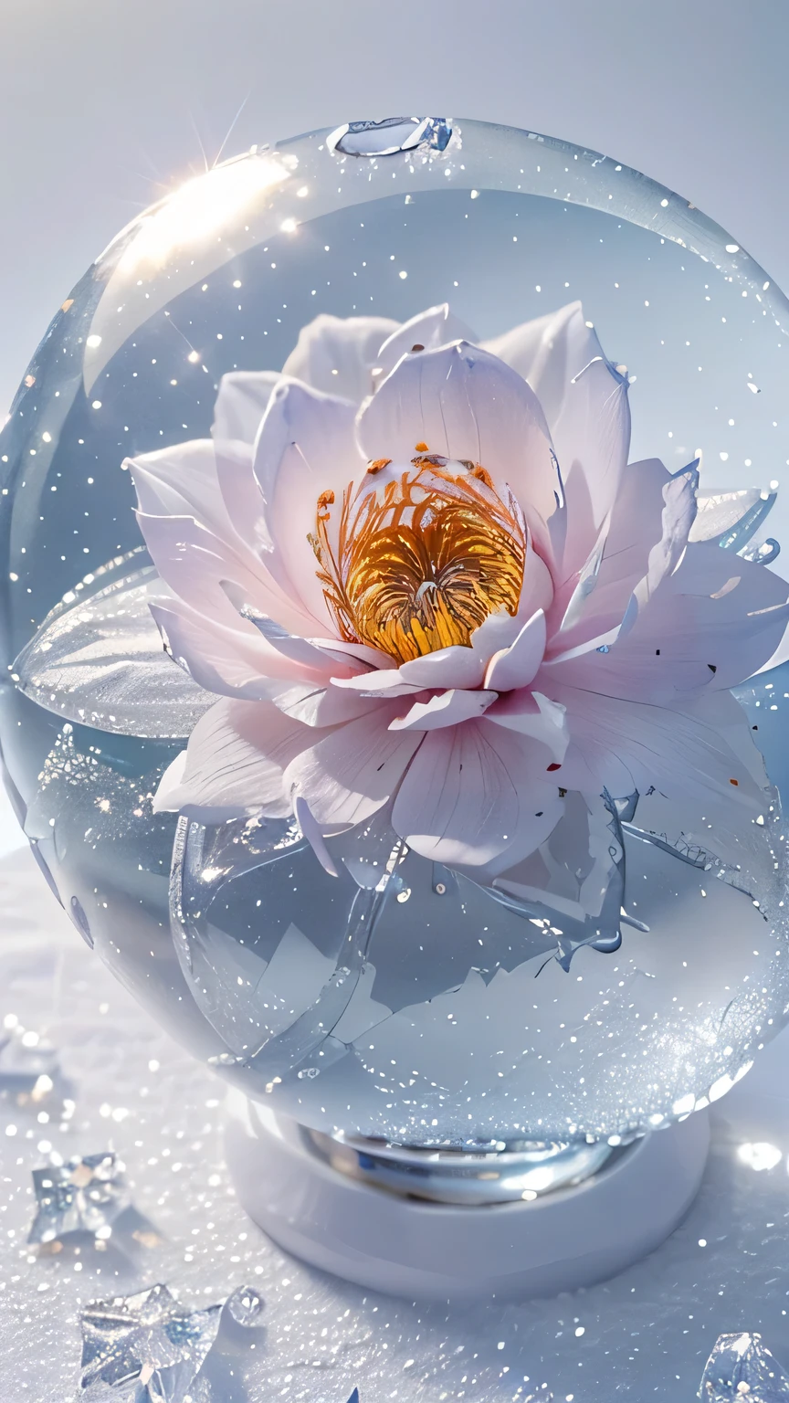 (Highest quality,Very detailed,Realistic:1.37),Frozen flower in an ice ball,Transparent ice,beautiful detailed petals,Delicate ice crystals,sparkling frost,Subtle reflection,crystallized beauty,ice perfection,chilled elegance,Vibrant colors,Ethereal atmosphere,Soft, diffused light