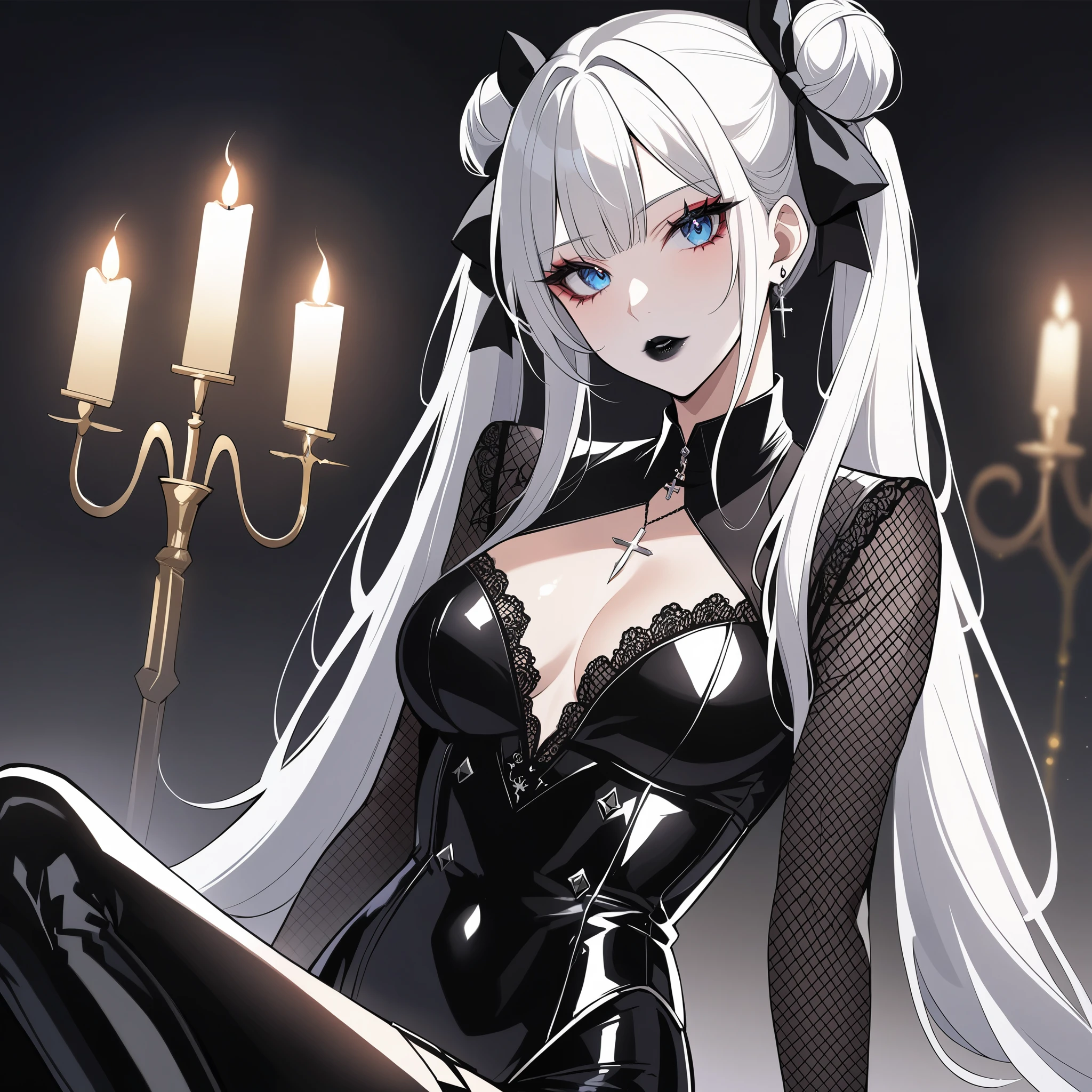 masterpiece, best quality, 1girl, solo, long hair, twin tails, hair buns, multicolored hair,two-tone hair, white hair, bangs, blue eyes, makeup, black lips, lipstick, vampire, mascara, eyeshadow, cross necklace, hair bow, front bow, lace jacket, lace gloves, fishnets, black leggings, gothic attire, dynamic angle, side lighting, shiny skin, detailed eyes, detailed face