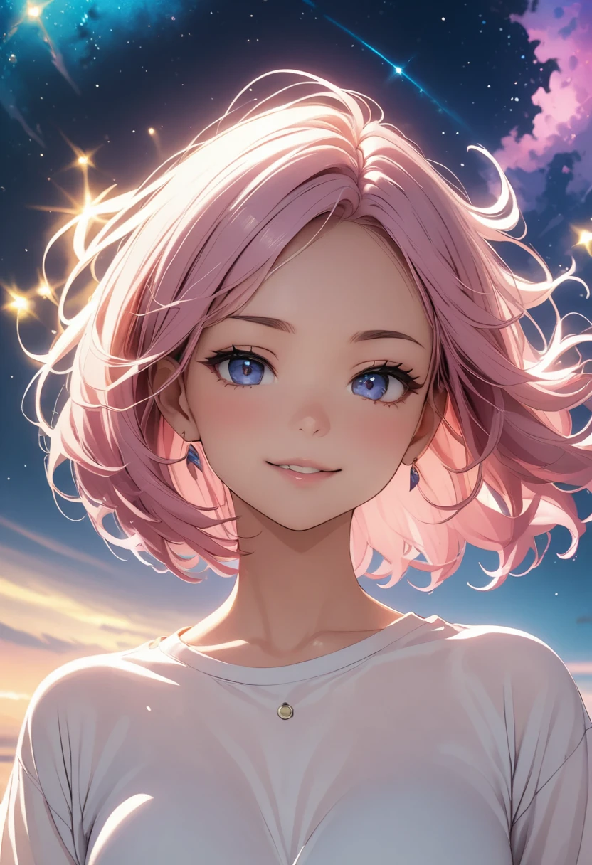 Attention to detail, Super Detail, Ultra-high resolution, A girl having a good time in a dream galaxy, Surrounded by stars, The warm light that shines on her, The background is a starry sky with colorful galaxies and galactic clouds, The stars fly around her, Delicate face, Add a playful touch ,