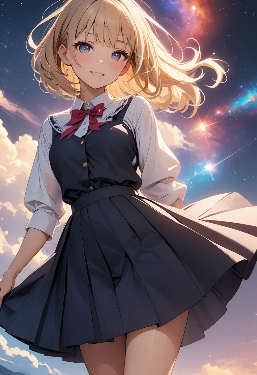 Attention to detail, Super Detail, Ultra-high resolution, A girl having a good time in a dream galaxy, Surrounded by stars, The warm light that shines on her, The background is a starry sky with colorful galaxies and galactic clouds, The stars fly around her, Delicate face, Add a playful touch ,