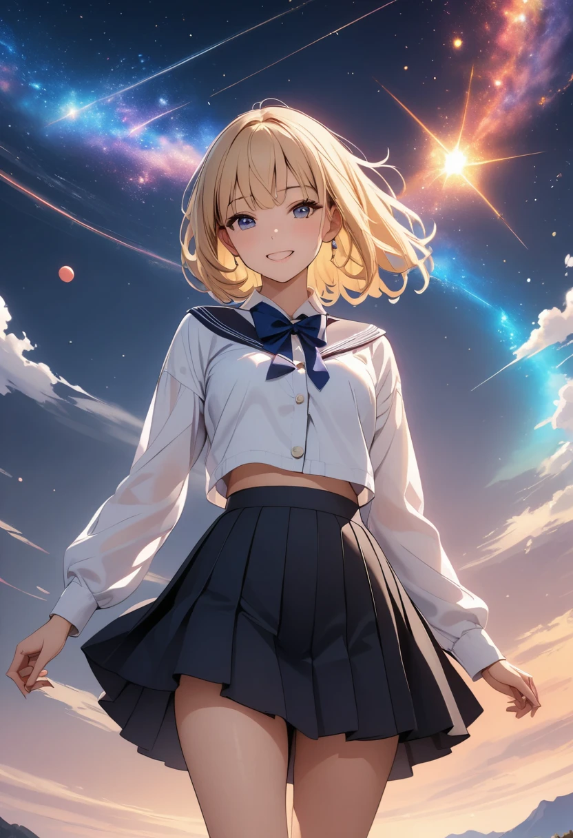 Attention to detail, Super Detail, Ultra-high resolution, A girl having a good time in a dream galaxy, Surrounded by stars, The warm light that shines on her, The background is a starry sky with colorful galaxies and galactic clouds, The stars fly around her, Delicate face, Add a playful touch , 