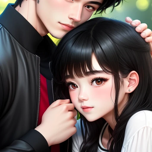 Couple, the girl kiss boy's cheecks scene at park
20-year-old boy and 18-year-old girl, Detailed face, Detailed eyes, double eyelid,, Handsome-cool-warm-boy with black hair and hot-seductive-sexy-cute-beautiful-girl with black hair and blushing face. Intimate vibes.