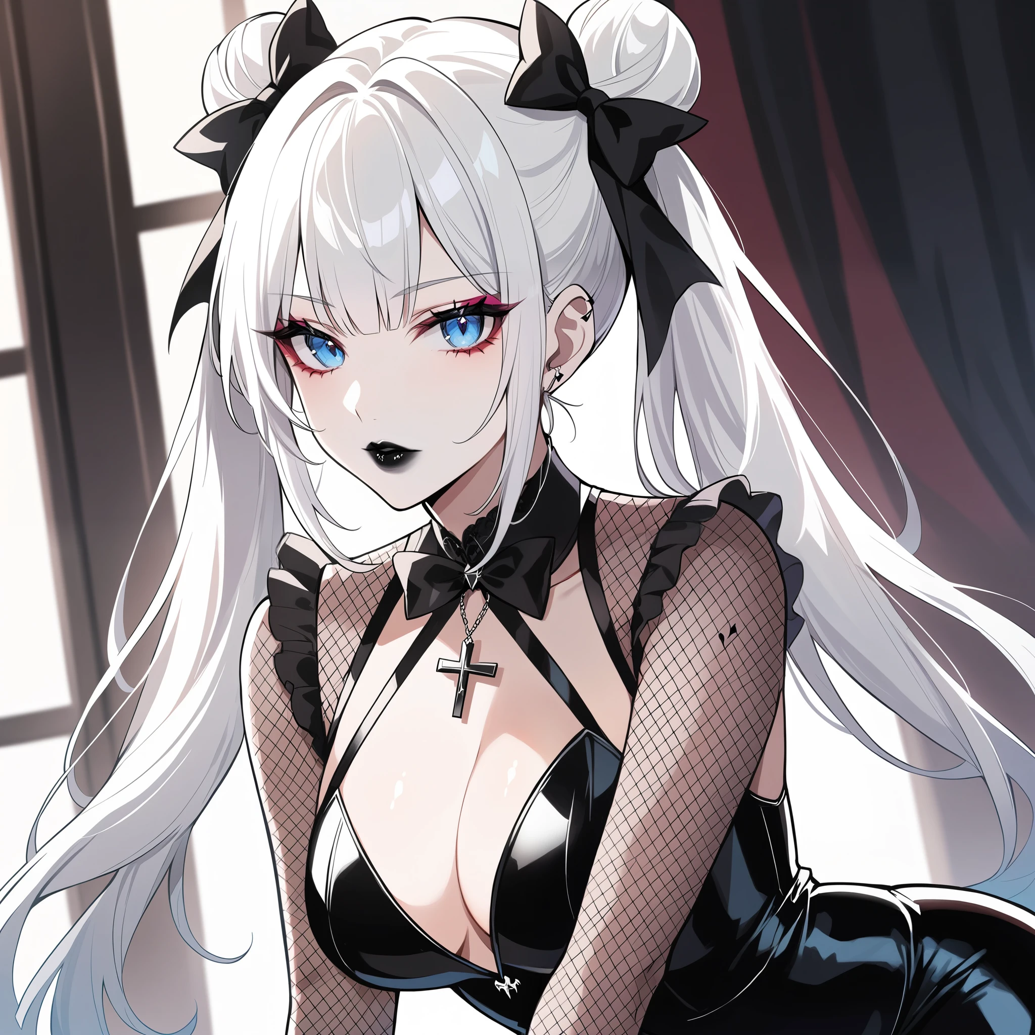 masterpiece, best quality, 1girl, solo, long hair, twin tails, hair buns, multicolored hair,two-tone hair, white hair, bangs, blue eyes, makeup, black lips, lipstick, vampire, mascara, eyeshadow, cross necklace, hair bow, front bow, lace jacket, lace gloves, fishnets, black leggings, gothic attire, dynamic angle, side lighting, shiny skin, detailed eyes, detailed face
