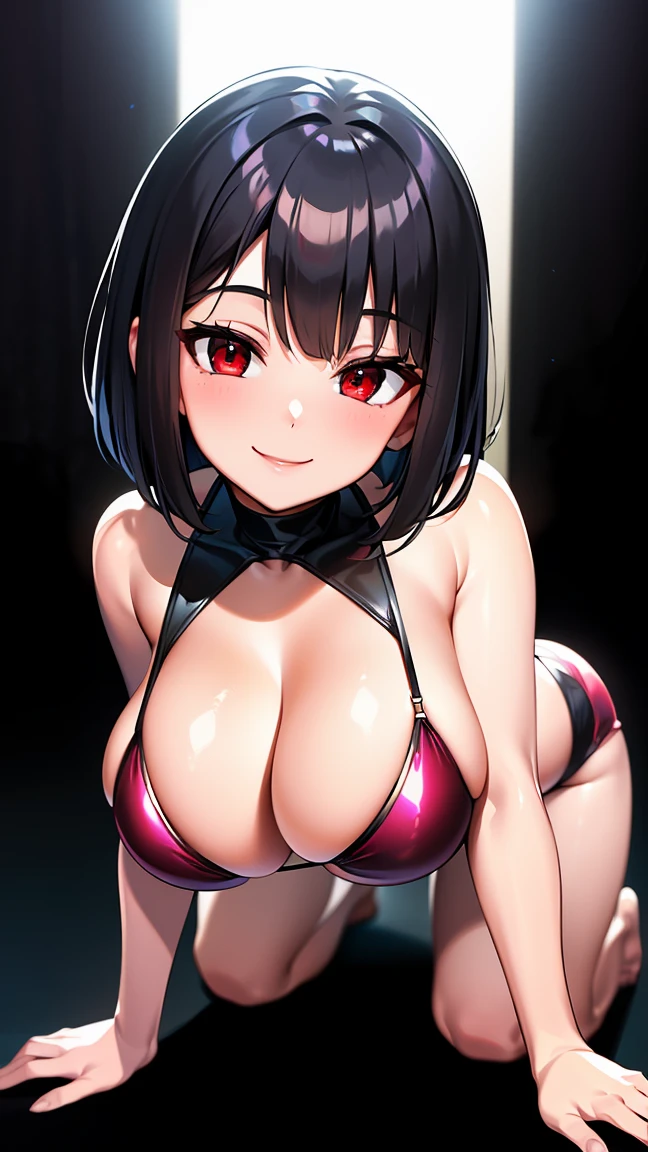 (high resolution), 1girl, woman, mature female, housewife, milf, 40 years old, (curvy woman:1.4), (smile:1.6), (red eyes:1.5), (evil grin, light smile:0.5), (shiny skin, glistening skin, high gloss skin:1), (Glossy metallic bikini:1.3), (gigantic breasts:1.2), solo, black hair, middle hair, bob cut, black eyes, looking at viewer, (black room:1.5), (from above:1.4), (leaning forward, all fours:1.6), (lift head up:1.2), gigantic breasts, gigantic thighs