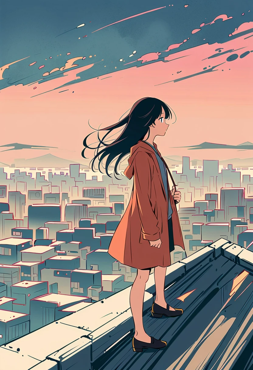 Girl holding sword on rooftop,Simple lineinimalism,Abstract Art,City background