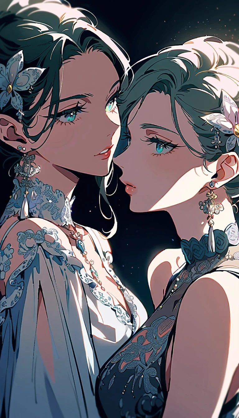 beautiful detailed eyes, beautiful detailed lips, extremely detailed eyes and face, long eyelashes, 2 girls, sensual, intimate, passionate, romantic, flawless skin, delicate features, soft lighting, chiaroscuro, muted colors, cinematic, dramatic, elegant, sophisticated, high fashion, editorial, vogue, high-end, luxury, glamorous