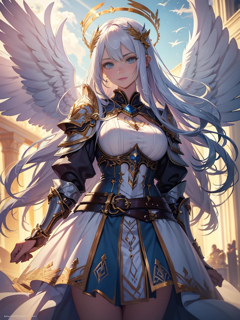 A beautiful girl with piercing blue eyes and long flowing silver hair, wearing ornate plate armor, wielding a large longsword, with huge angelic white wings spreading from her back and a shimmering golden halo above her head, (best quality,8k,highres,masterpiece:1.2),ultra-detailed,(realistic,photorealistic,photo-realistic:1.37),intricate details,dramatic lighting,cinematic,fantasy art,digital painting,vibrant colors,glowing halo,powerful,heroic
