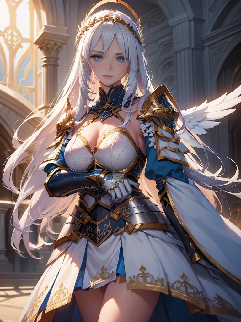 A beautiful girl with piercing blue eyes and long flowing silver hair, wearing ornate plate armor, wielding a large longsword, with huge angelic white wings spreading from her back and a shimmering golden halo above her head, (best quality,8k,highres,masterpiece:1.2),ultra-detailed,(realistic,photorealistic,photo-realistic:1.37),intricate details,dramatic lighting,cinematic,fantasy art,digital painting,vibrant colors,glowing halo,powerful,heroic