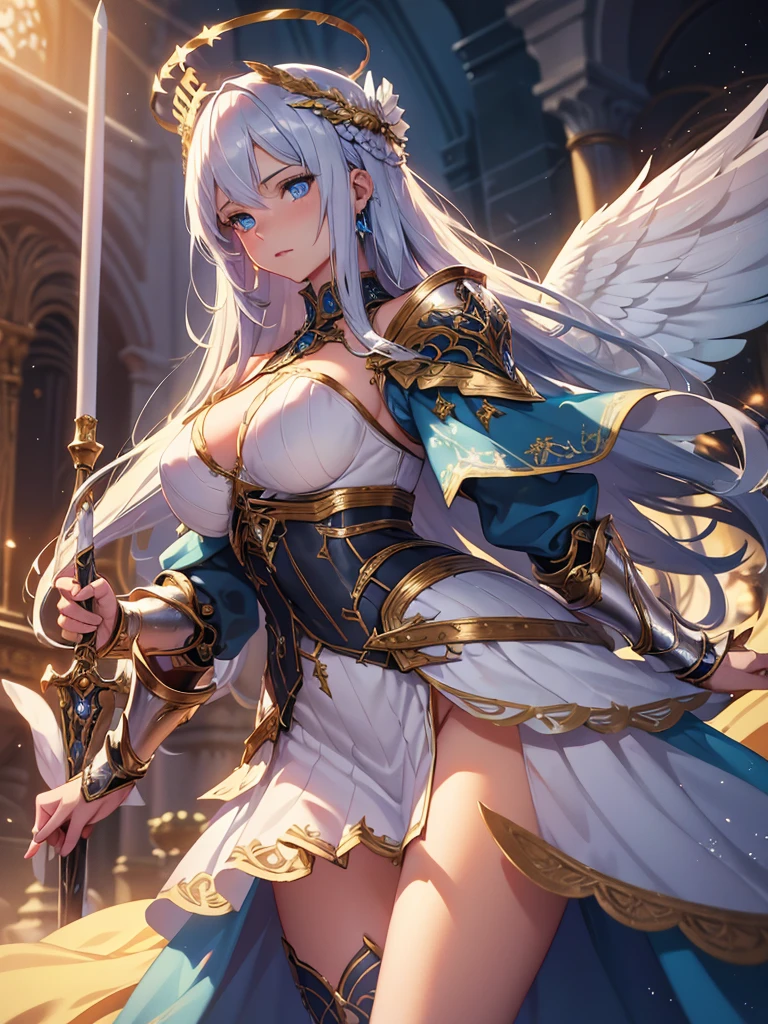 A beautiful girl with piercing blue eyes and long flowing silver hair, wearing ornate plate armor, wielding a large longsword, with huge angelic white wings spreading from her back and a shimmering golden halo above her head, (best quality,8k,highres,masterpiece:1.2),ultra-detailed,(realistic,photorealistic,photo-realistic:1.37),intricate details,dramatic lighting,cinematic,fantasy art,digital painting,vibrant colors,glowing halo,powerful,heroic