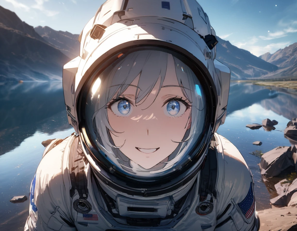 1girl, solo, mature female, SyFyEye1, astronaut, spacex, spacesuit, glass reflection, refraction, eye reflection, portrait, looking up, happy, amazed, awestruck, standing, outdoors, scenery, rocky surface, mountainous horizon, starry sky, lake, water, caustics, lens flare, science fiction, cinematic, filmic, high budget, (masterpiece), (best quality), (ultra-detailed), very aesthetic, illustration, perfect composition, intricate details, absurdres, 